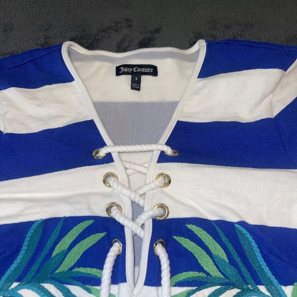 NWT Juicy Couture Seaside Hibiscus Stripe Embroidered Lace-Up Neck Dress - Picture 7 of 10